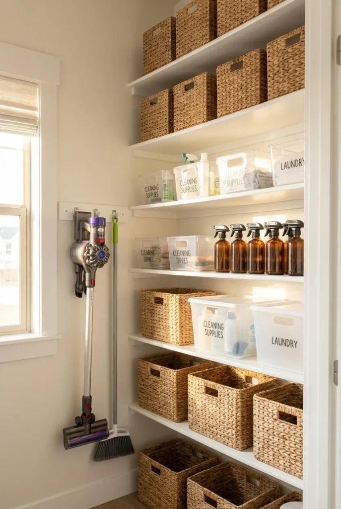 Organized utility closet with cleaning supplies, baskets, and wall-mounted broom