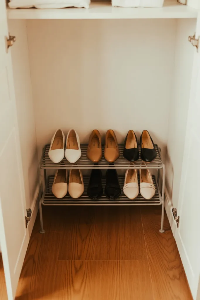 2-tier shoe rack on the floor of a small closet during a budget closet makeover