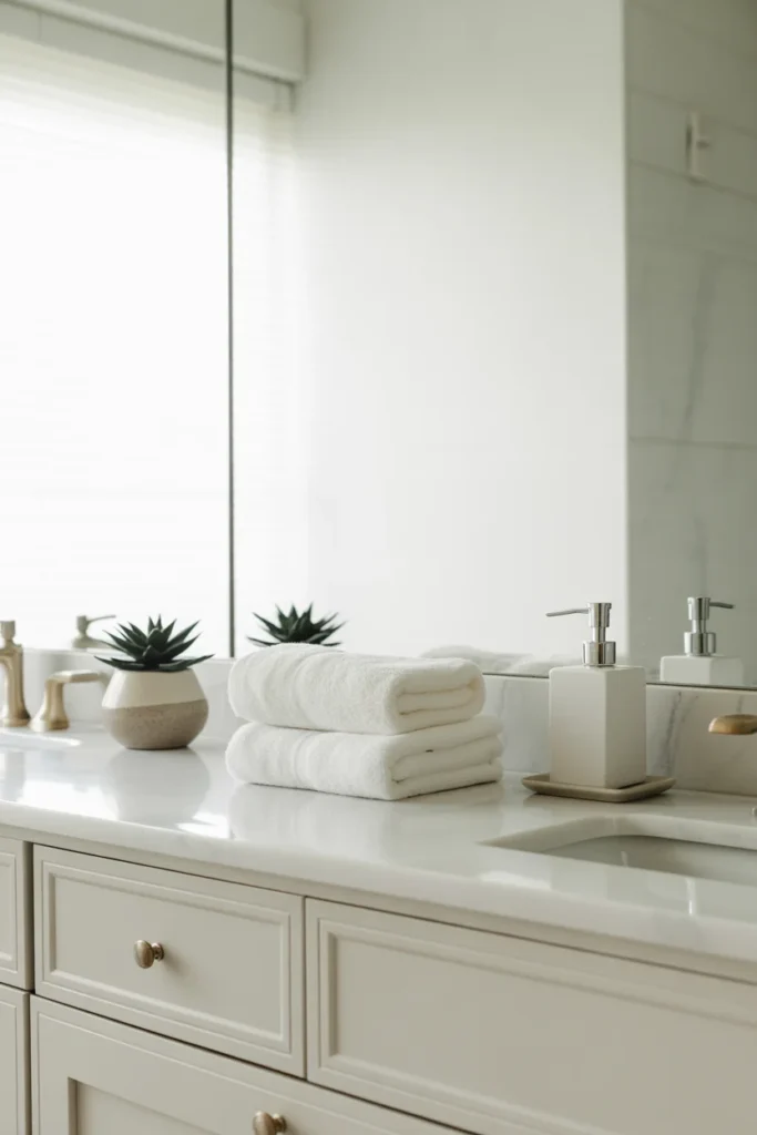  A clean, organized bathroom vanity with minimal products, a small plant, neatly folded white towels, and a clear countertop