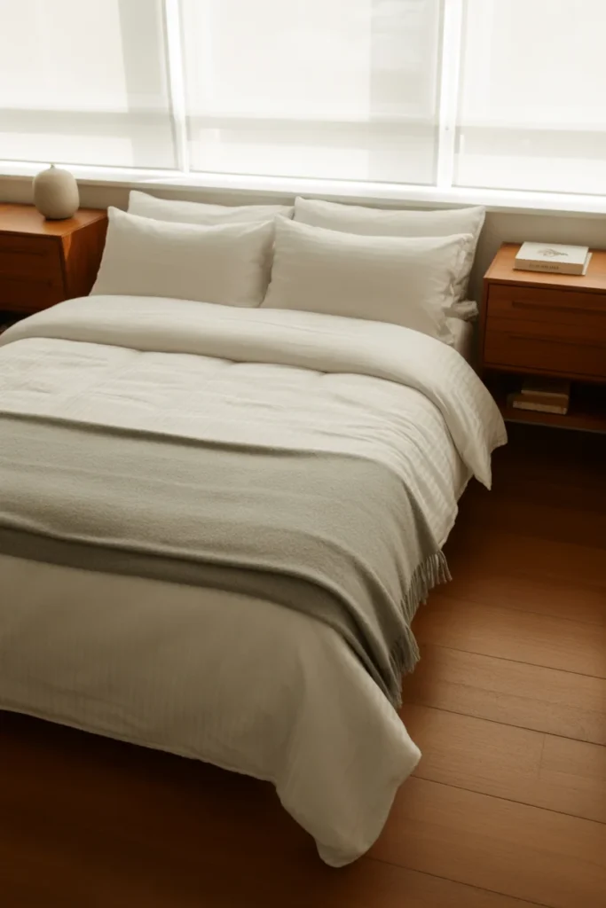 A peaceful, minimal bedroom with a made bed, two nightstands with a lamp and one book each, and no visible clutter on any surface