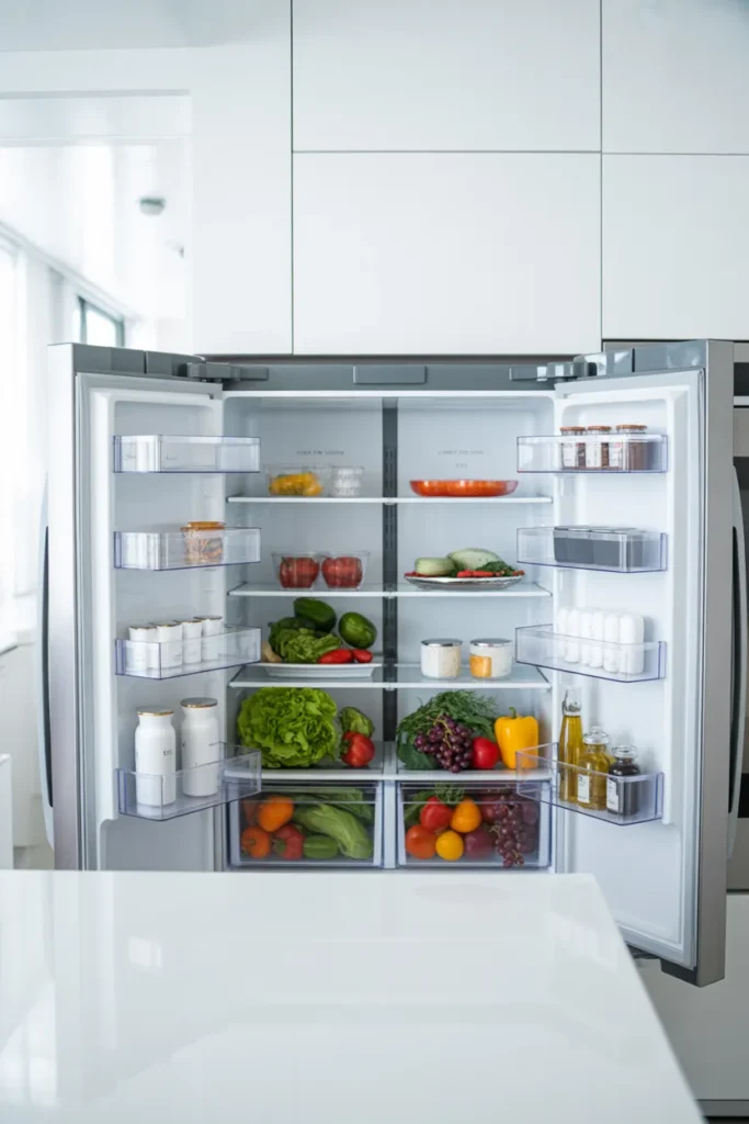 Aesthetic fridge organization ideas showing a beautifully organized refrigerator with clear bins, fresh produce, and labeled containers