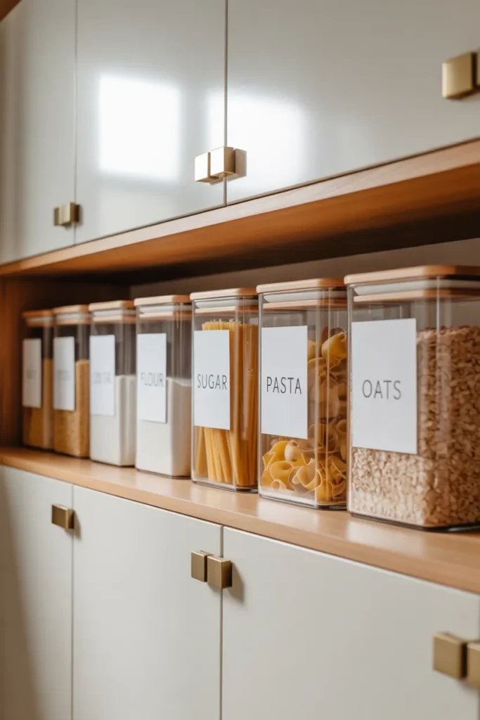Amazon pantry organization must haves with clear airtight food storage containers and chalkboard labels on white pantry shelves.