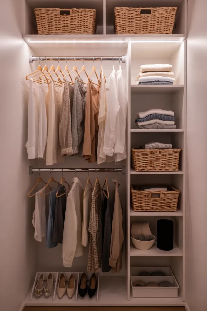 Apartment closet organization ideas for renters on a budget using double rod and velvet hangers