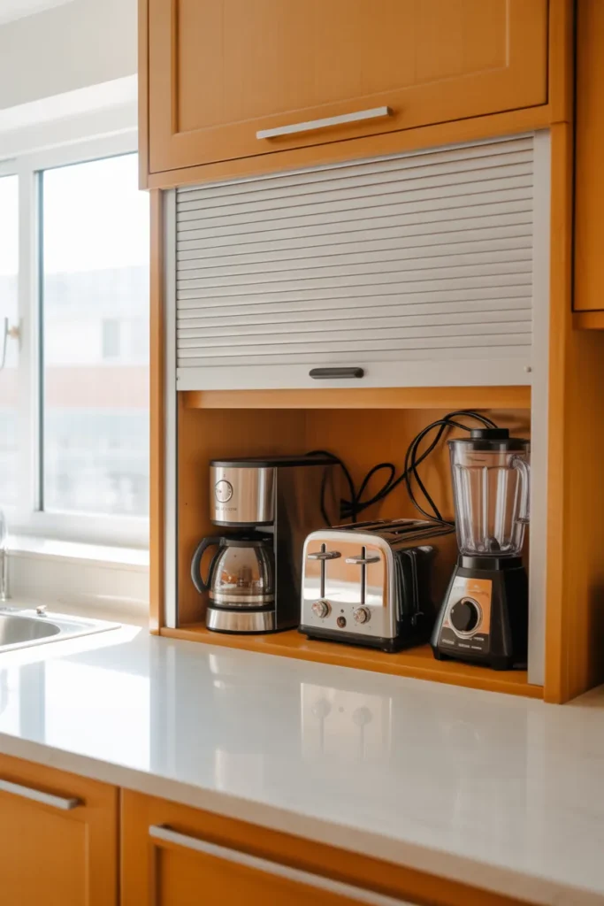 Appliance garage cabinet idea to hide small appliances and declutter kitchen countertops