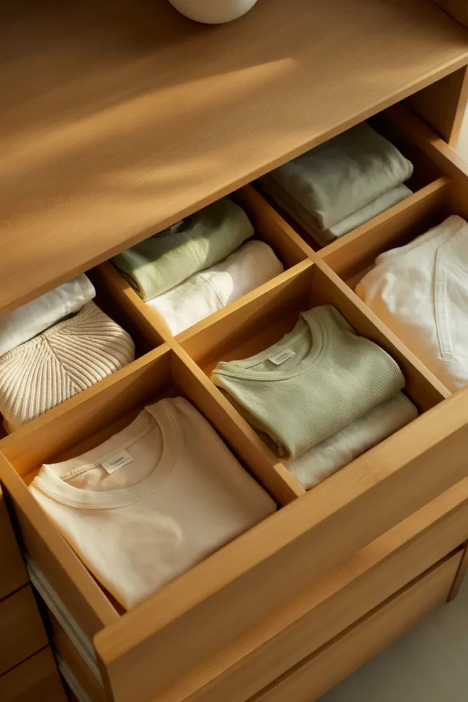 Bamboo drawer dividers organizing folded clothing as part of a budget closet makeover