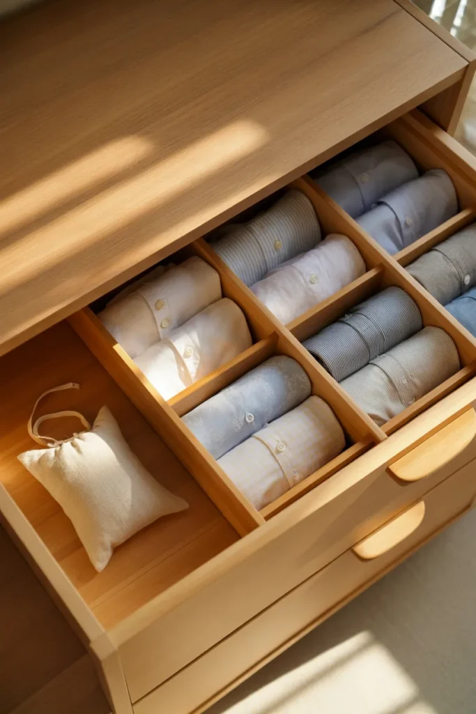 Bamboo drawer dividers separating KonMari file folded clothes for dresser organization