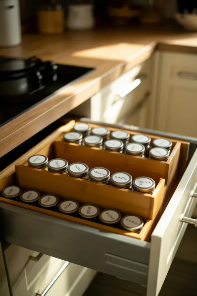  Bamboo tiered spice drawer organizer with labeled glass jars inside kitchen drawer