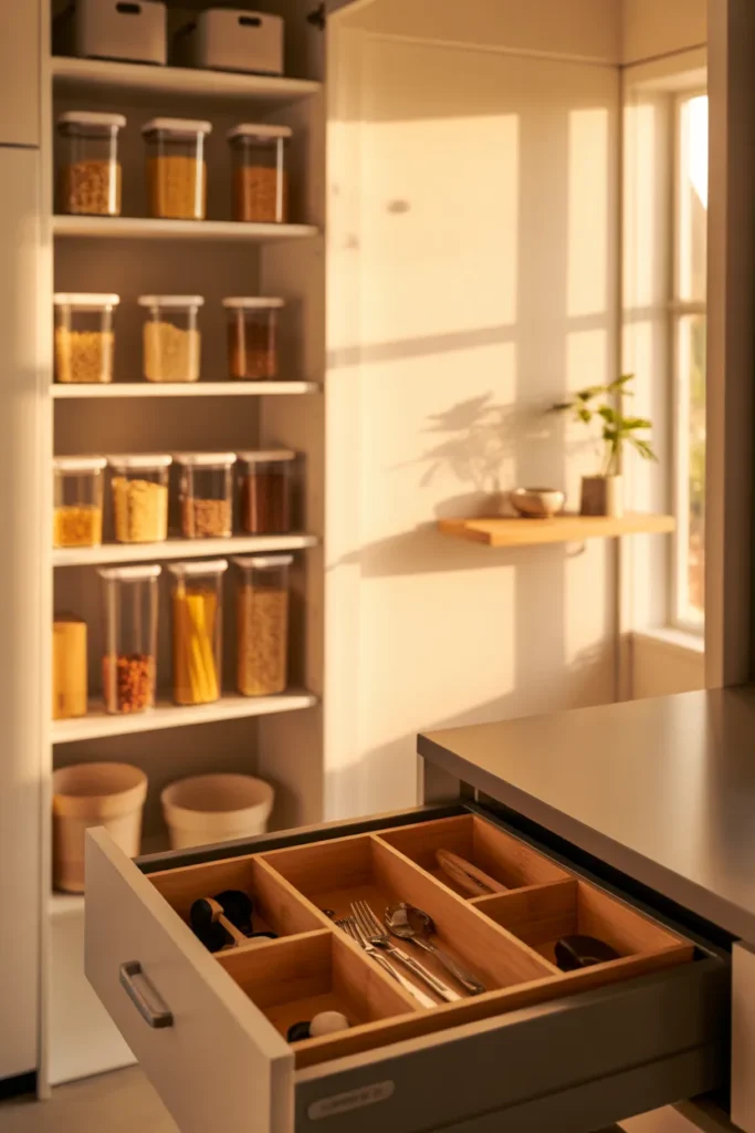  Beautifully organized home using budget Amazon organizers under $25 including clear pantry bins and bamboo drawer dividers.
