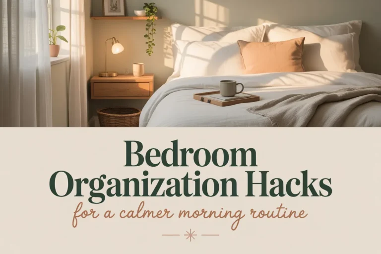 Bedroom organization hacks for a calmer morning routine featured image showing organized cozy bedroom with white bedding wooden nightstand and plant