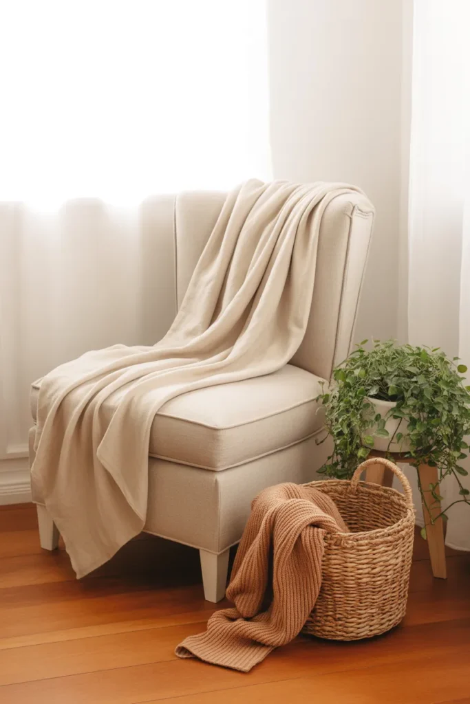 Bedroom chair organization idea with folded blanket and basket instead of cluttered clothes pile