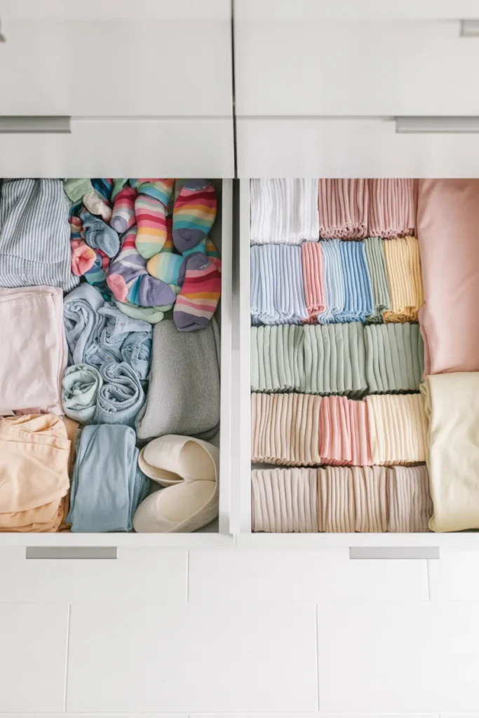 Before and after KonMari method drawer organization showing file folding clothes transformation