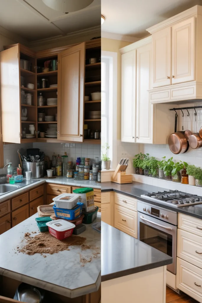Before and after Sunday kitchen reset showing a cluttered counter transformed into a clean organized space