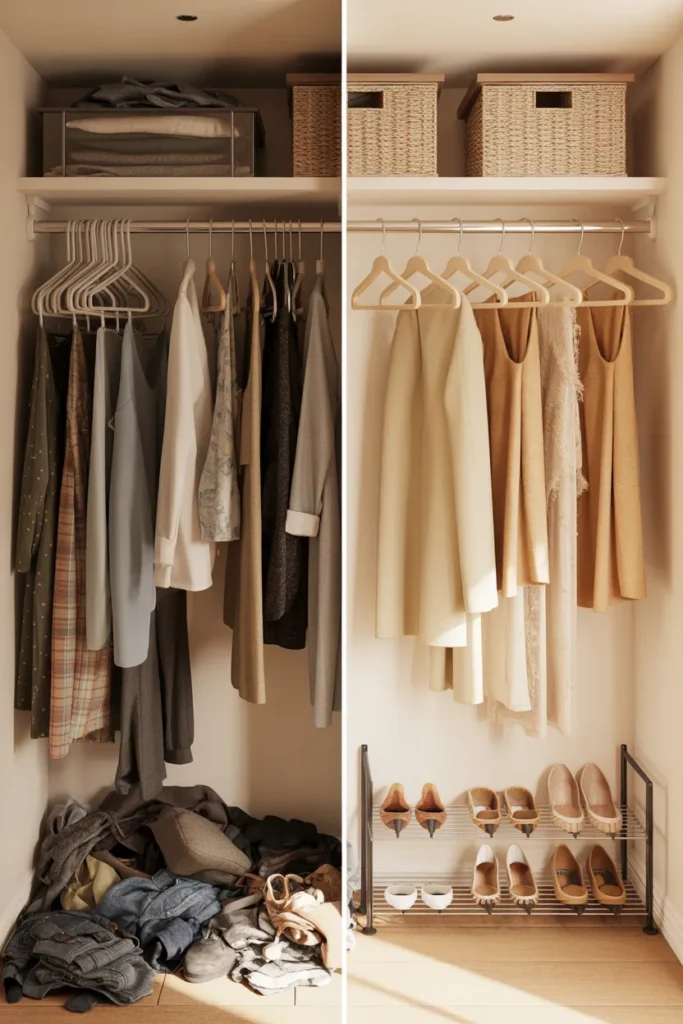 Before and after closet makeover showing a cluttered closet transformed into an organic modern budget makeover
