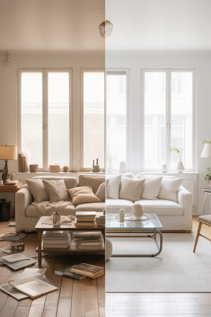 Before and after decluttering a living room showing the transformation from cluttered to organized and calm