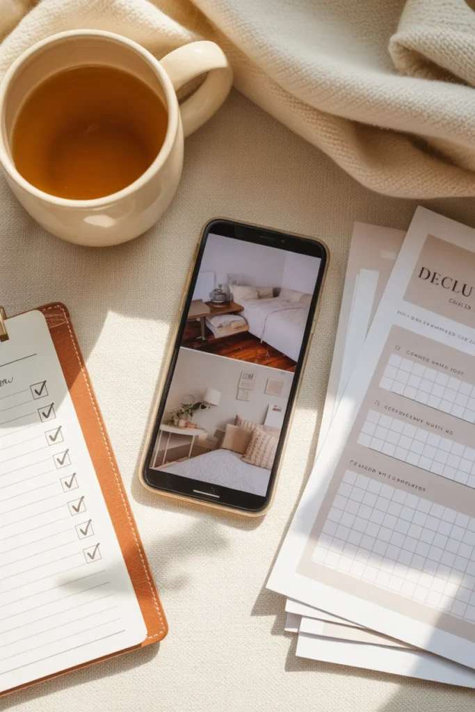 Before and after decluttering progress photos on a phone next to a 30 day declutter challenge printable and tea cup