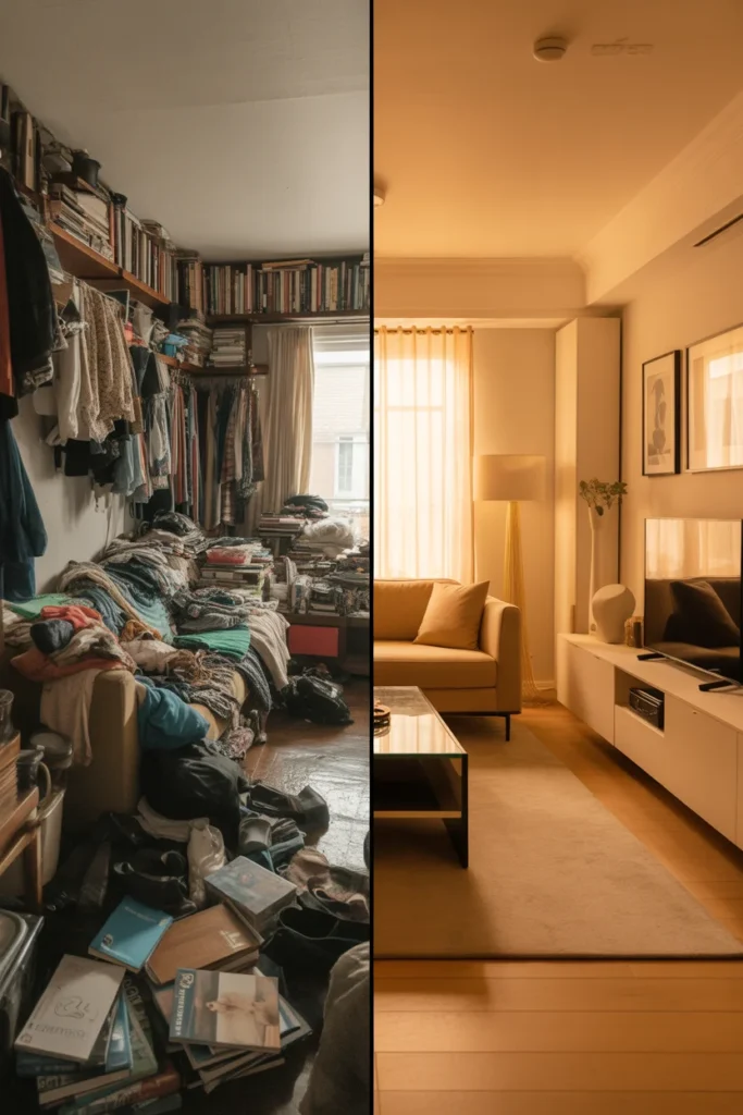 Before and after home decluttering challenge transformation showing a messy living room turned clean and organized