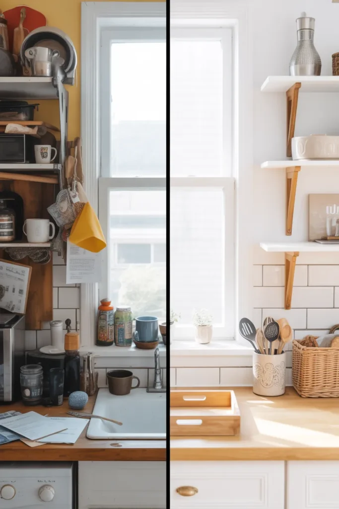 Before and after kitchen countertop declutter transformation