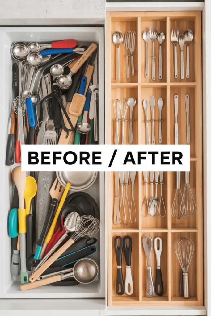 Before and after kitchen drawer organization using Amazon bamboo drawer dividers under $25.