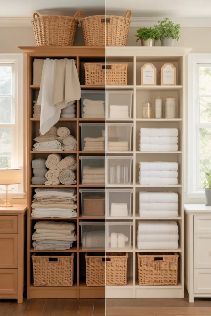  Before and after linen closet organization transformation showing chaos to calm.