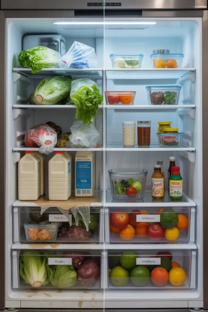 Before and after refrigerator organization ideas — messy fridge vs organized fridge with clear bins and labeled sections
