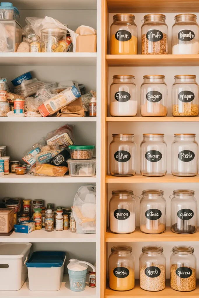 Before and after spring cleaning transformation showing cluttered pantry turned into organized space