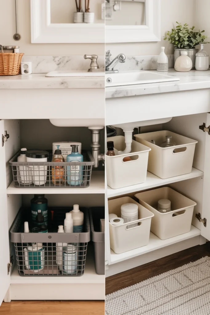 Before and after under sink storage transformation showing cluttered cabinet versus organized space with white bins and shelf liner