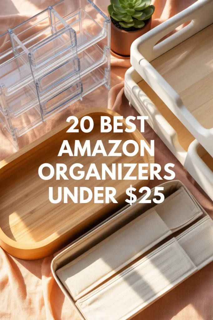 Best Amazon organizers under $25 flat-lay featuring clear drawer dividers, bamboo lazy Susan, and stackable storage bins for home organization.