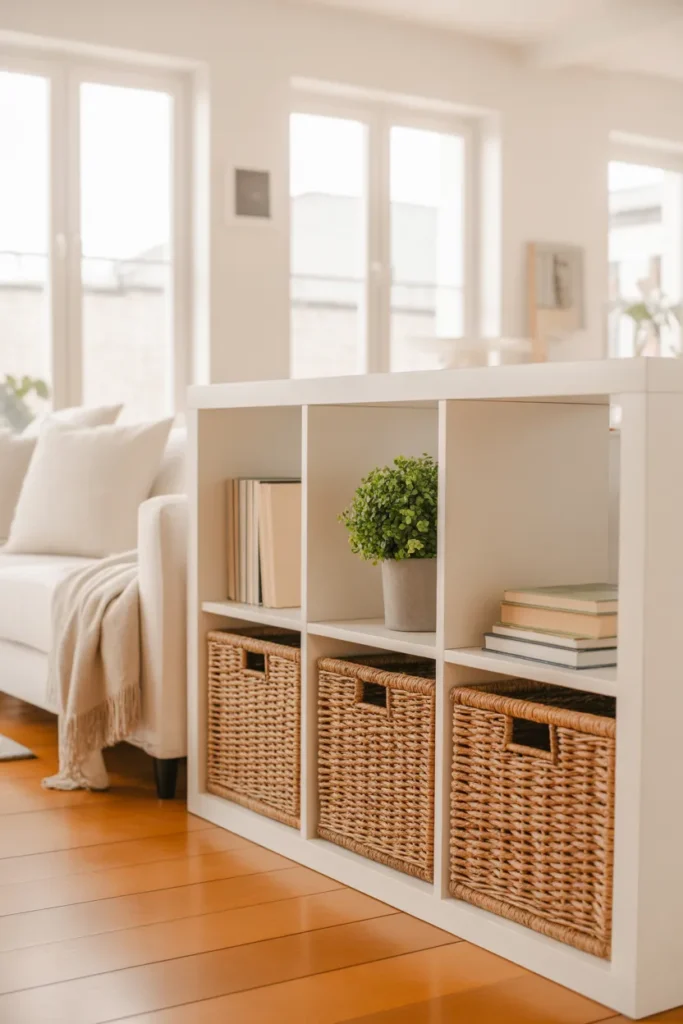 Bright Scandinavian living room featuring IKEA Kallax storage hack with woven baskets and plants for home organization