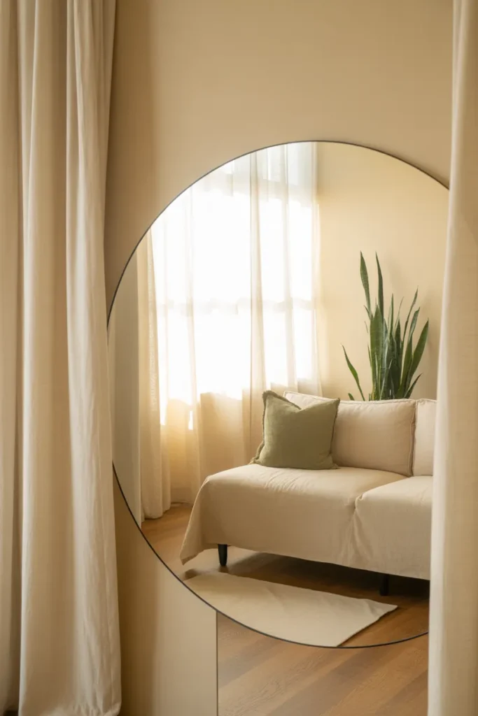 Bright studio apartment with a large round mirror, neutral palette, and tall curtains making the small space feel larger.