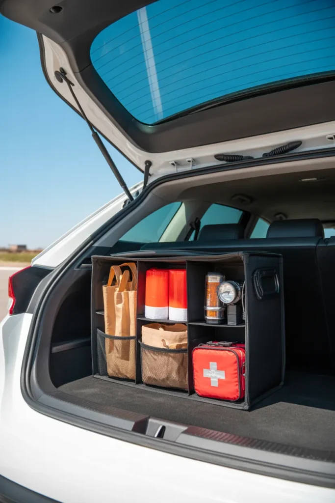 Budget Amazon car trunk organizer under $25 holding groceries and emergency supplies for everyday use.