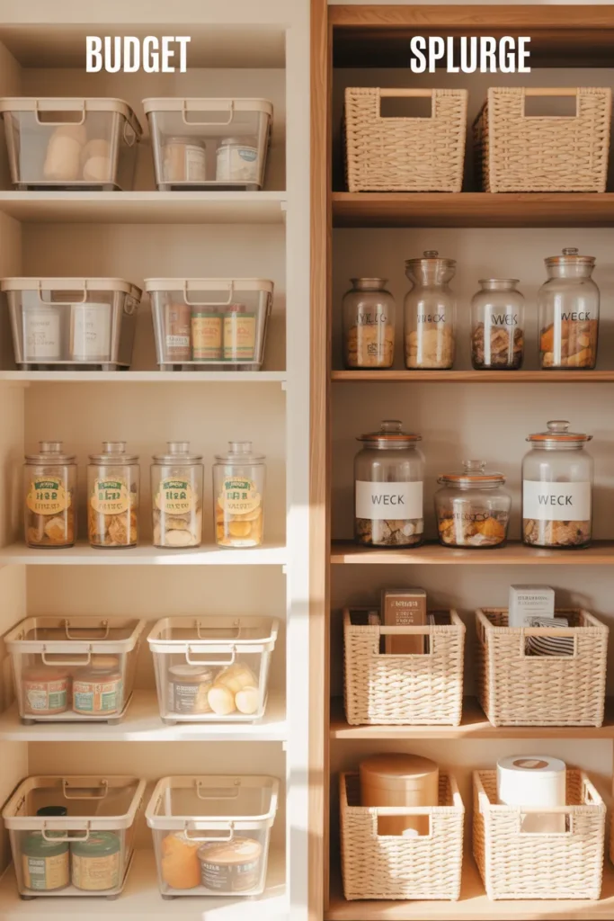 Budget versus splurge pantry makeover comparison with bins and jars