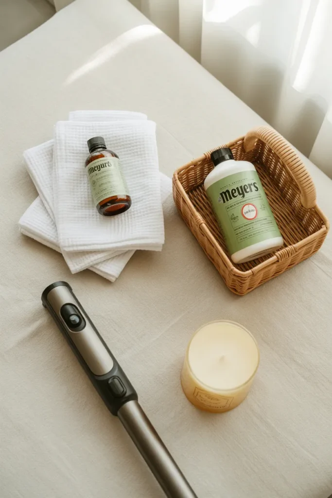 Budget vs splurge cleaning supplies flat lay for weekly cleaning routine