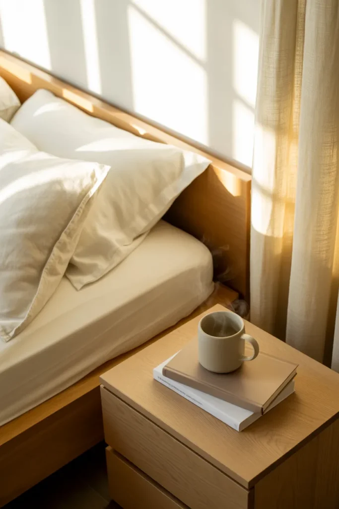 Calm organized bedroom with white bedding and wooden nightstand showing bedroom organization hacks for a peaceful morning routine