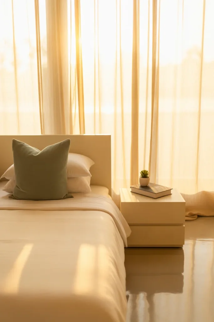 Clean and peaceful bedroom after completing a decluttering calendar showing the mental health benefits of an organized home