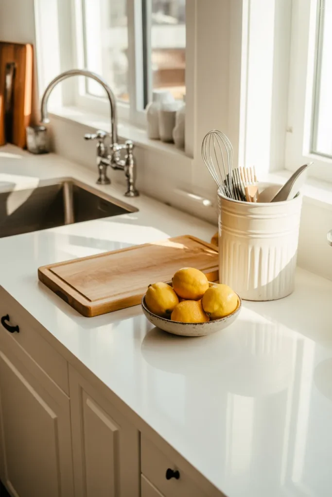Clean clutter free kitchen countertop organization idea with wooden board and utensil crock