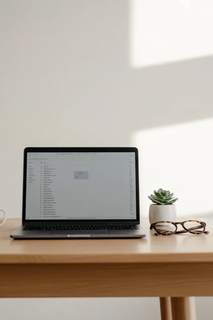 Clean minimal desk with laptop showing organized inbox during digital declutter Sunday reset