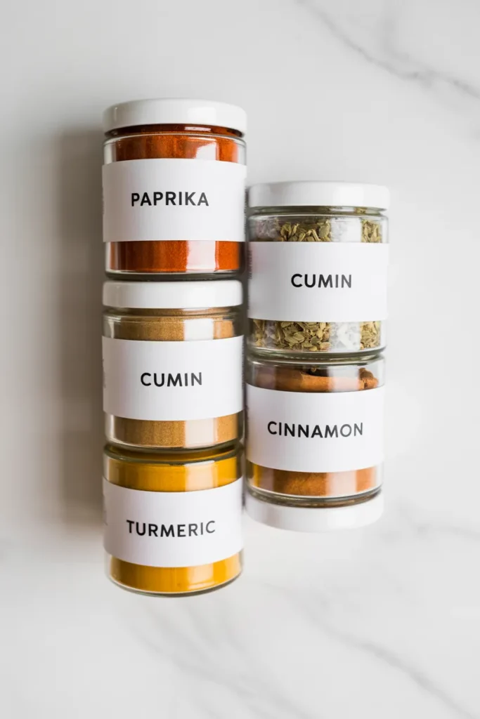  Clean minimalist labels on tops of spice jars showing paprika cumin turmeric and cinnamon