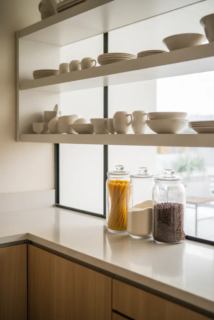 Clean organized kitchen countertop with glass storage jars and minimal decor for a decluttered cooking space
