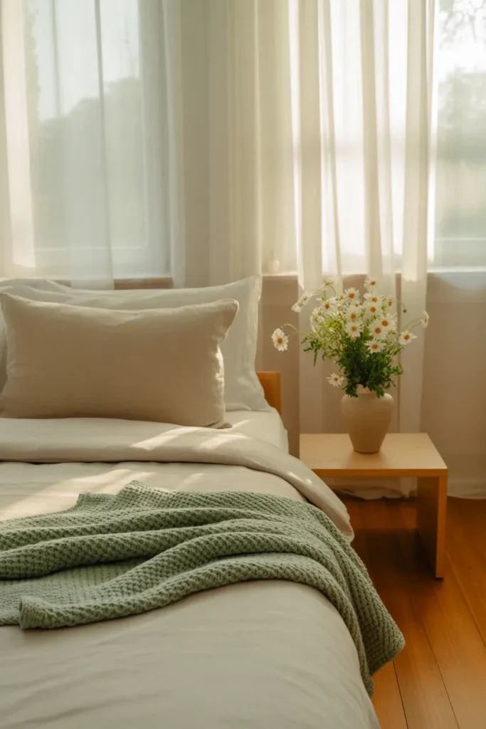 Clean organized spring bedroom with white linen bedding and fresh flowers