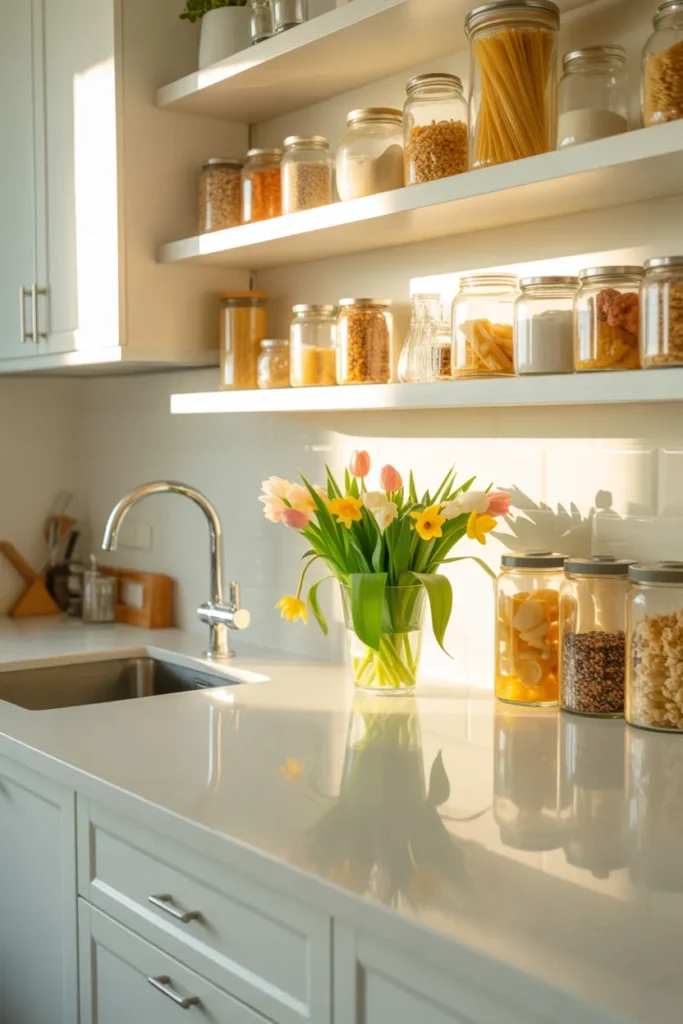 Clean organized spring kitchen with quartz counters and fresh flowers after deep cleaning