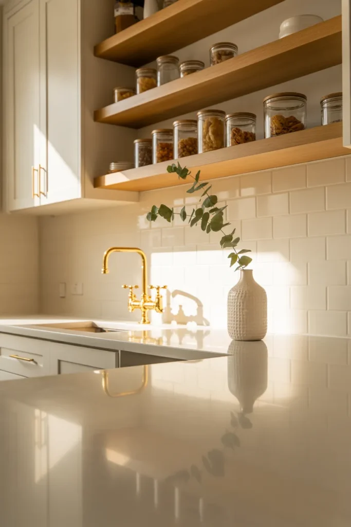 Clean white kitchen after Monday cleaning routine reset