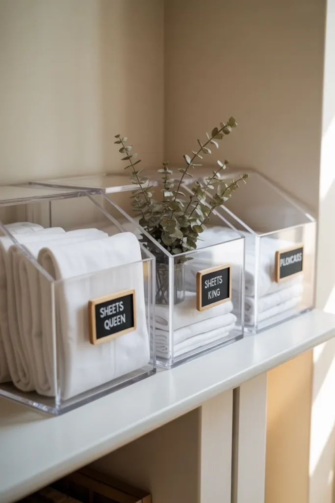 Clear acrylic bins labeled for sheets and pillowcases on a white linen closet shelf.