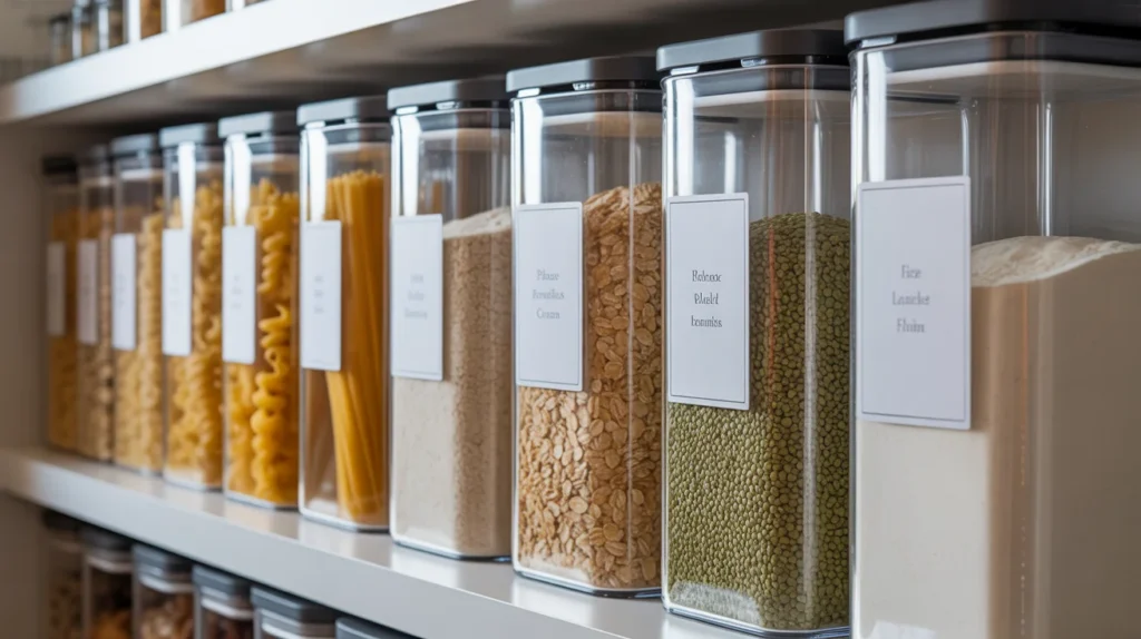 Clear airtight pantry storage containers with labels holding pasta, rice, and flour for organized meal prep