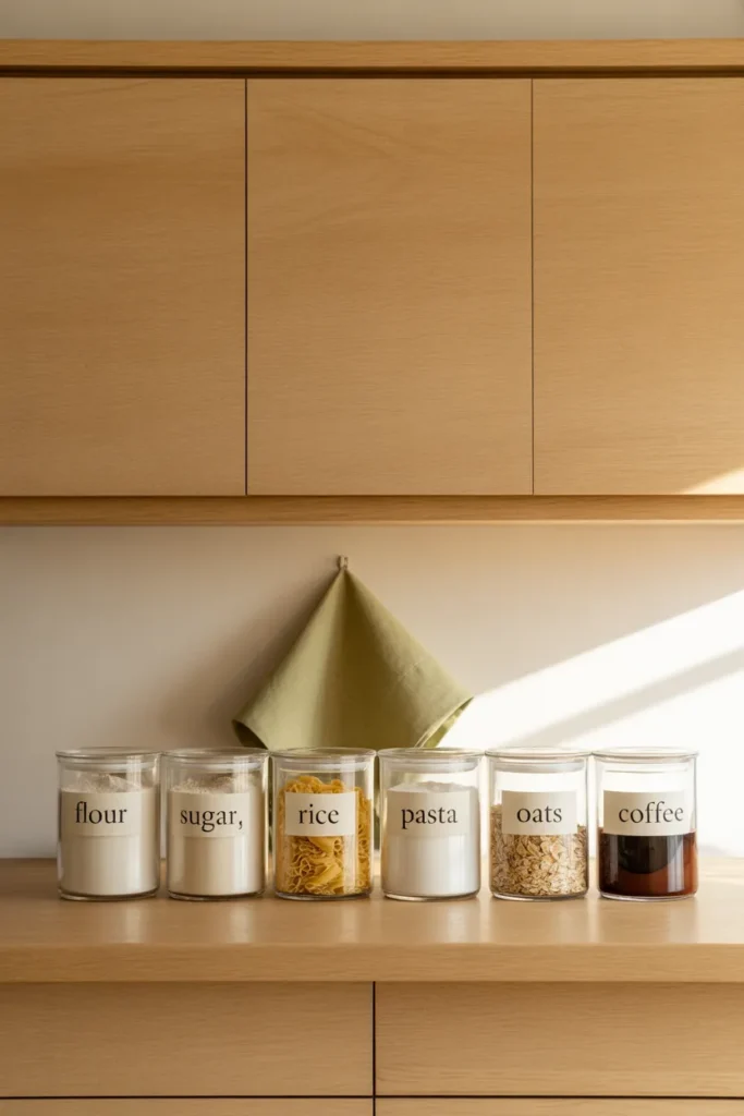 Clear glass pantry jars with simple printable pantry labels on an oak shelf in a Japandi-style kitchen.