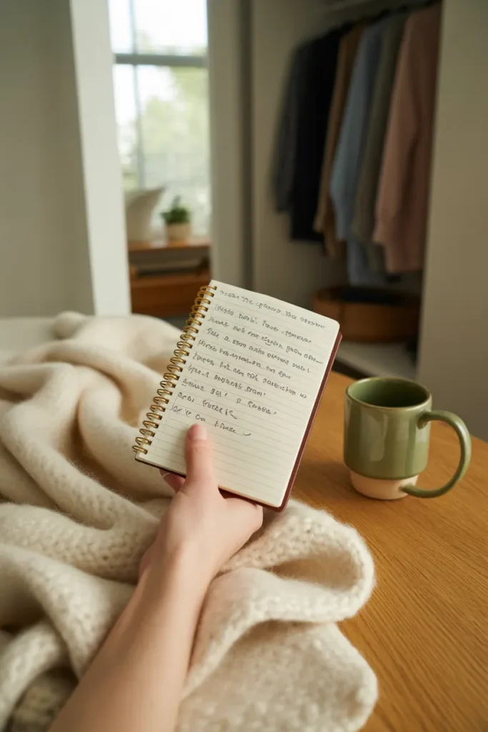 Closet diagnostic checklist handwritten in a notebook before starting a budget closet makeover