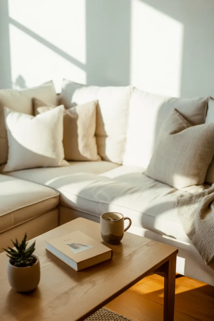 Clutter free living room with neutral decor showing a tidier home after decluttering
