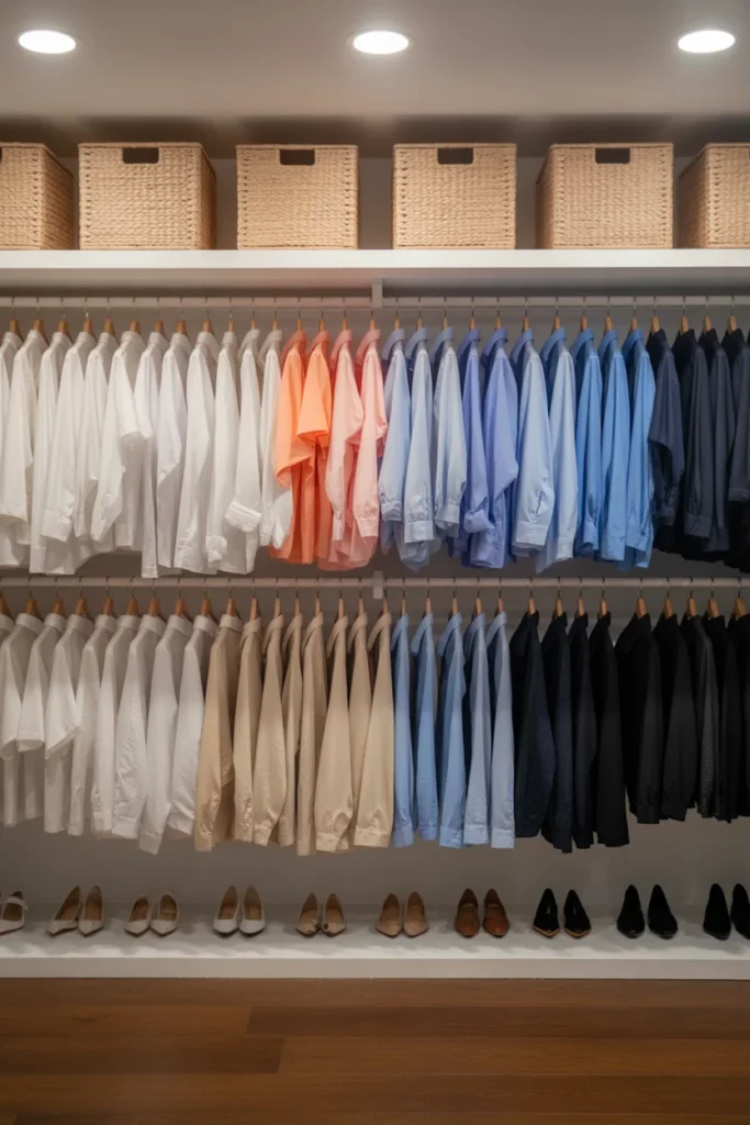 Color-organized closet with storage bins and shoe rack showing a complete closet declutter result