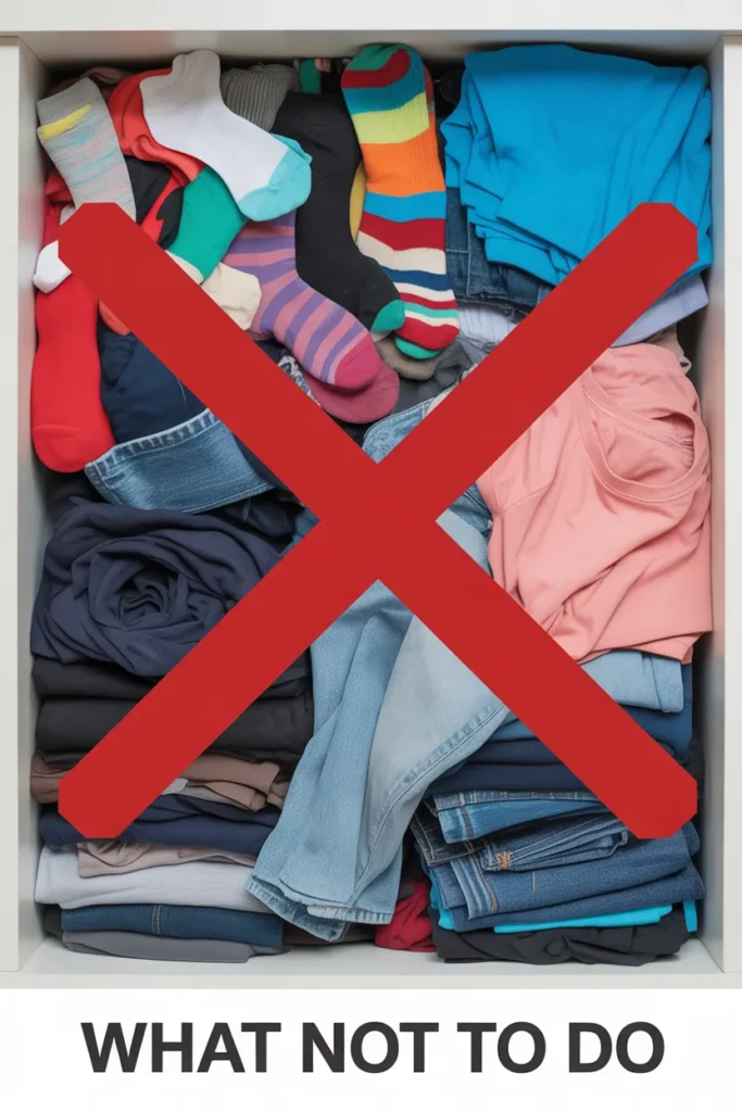 Common KonMari dresser organization mistakes with cluttered mixed category drawer