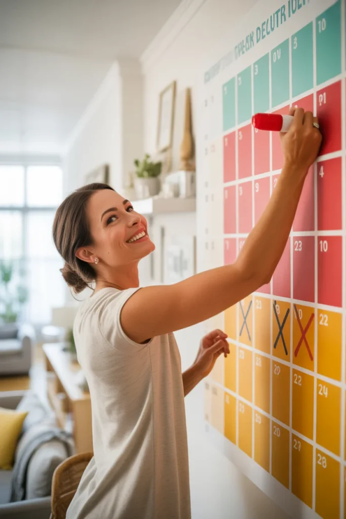 Completing the final day of a 30 day declutter challenge by crossing off the last task on a printable decluttering calendar