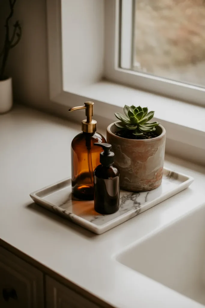 Countertop storage idea using marble tray with dish soap and plant by kitchen sink